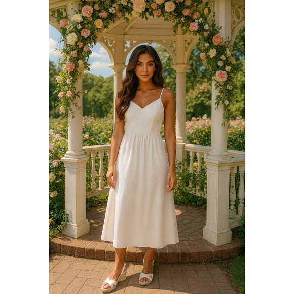 knee length dresses for ladies Farm Rio | White Eyelet Puff Sleeve Midi Dress – main image 1